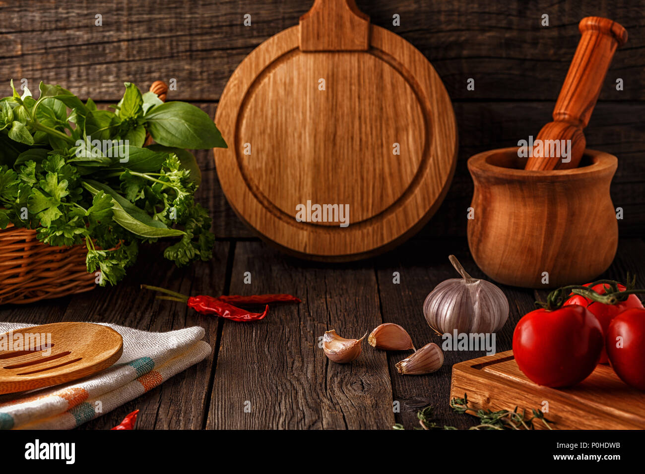 Vegetables, herbs, spices background. Selective focus. Concept of vegetarian, healthy food. Stock Photo