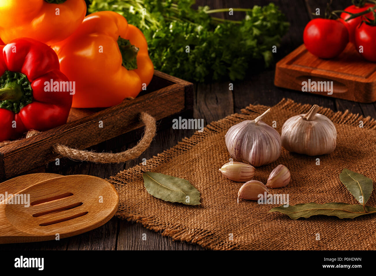 Vegetables, herbs, spices background. Selective focus. Concept of vegetarian, healthy food. Stock Photo