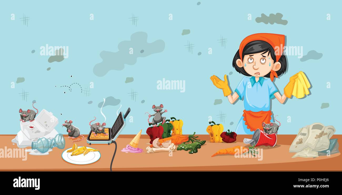 Dirty kitchen scene with cleaner illustration Stock Vector
