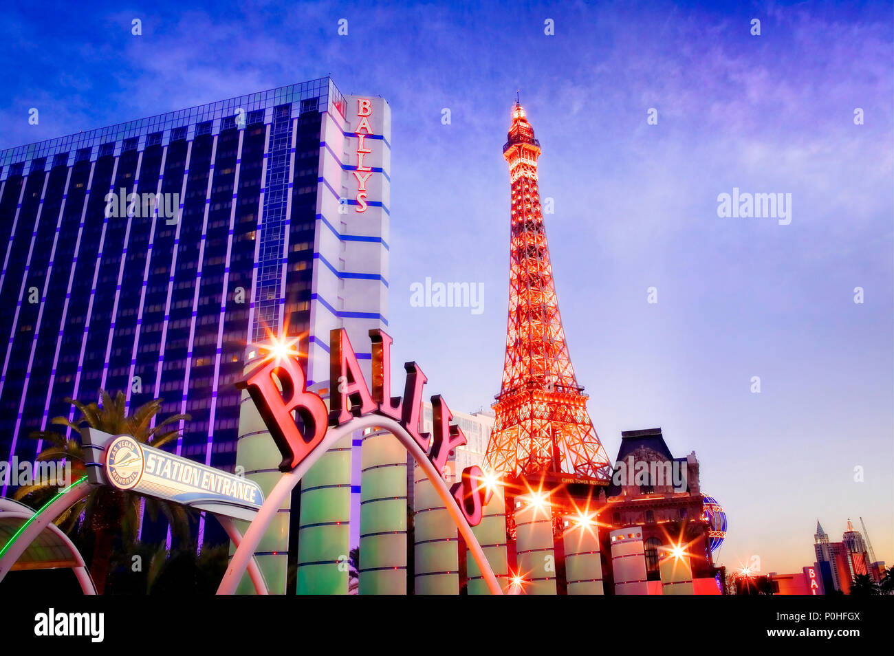 Bally's resort and casino and the Eiffel tower replica at the Paris resort and casino.  Las Vegas, Nevada. Stock Photo