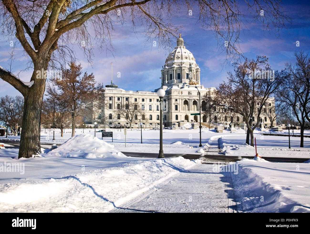 The Minnesota State Capitol building in Saint Paul covered by a blanket of snow in winter Stock