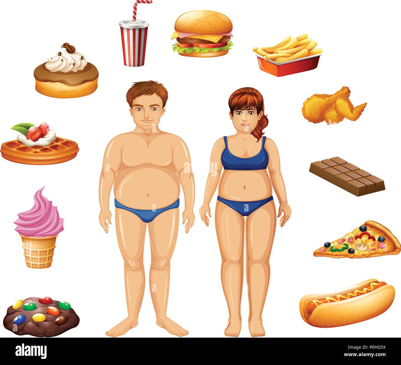 Overweight people with unhealthy food illustration Stock Vector