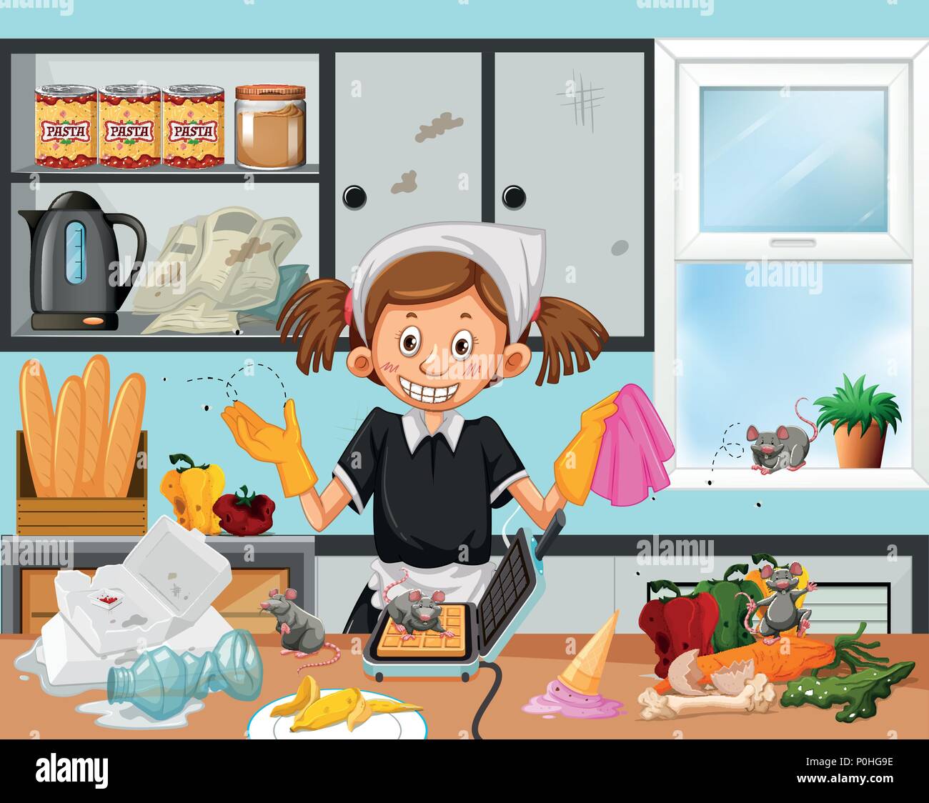 Dirty kitchen scene with housekeeper illustration Stock Vector