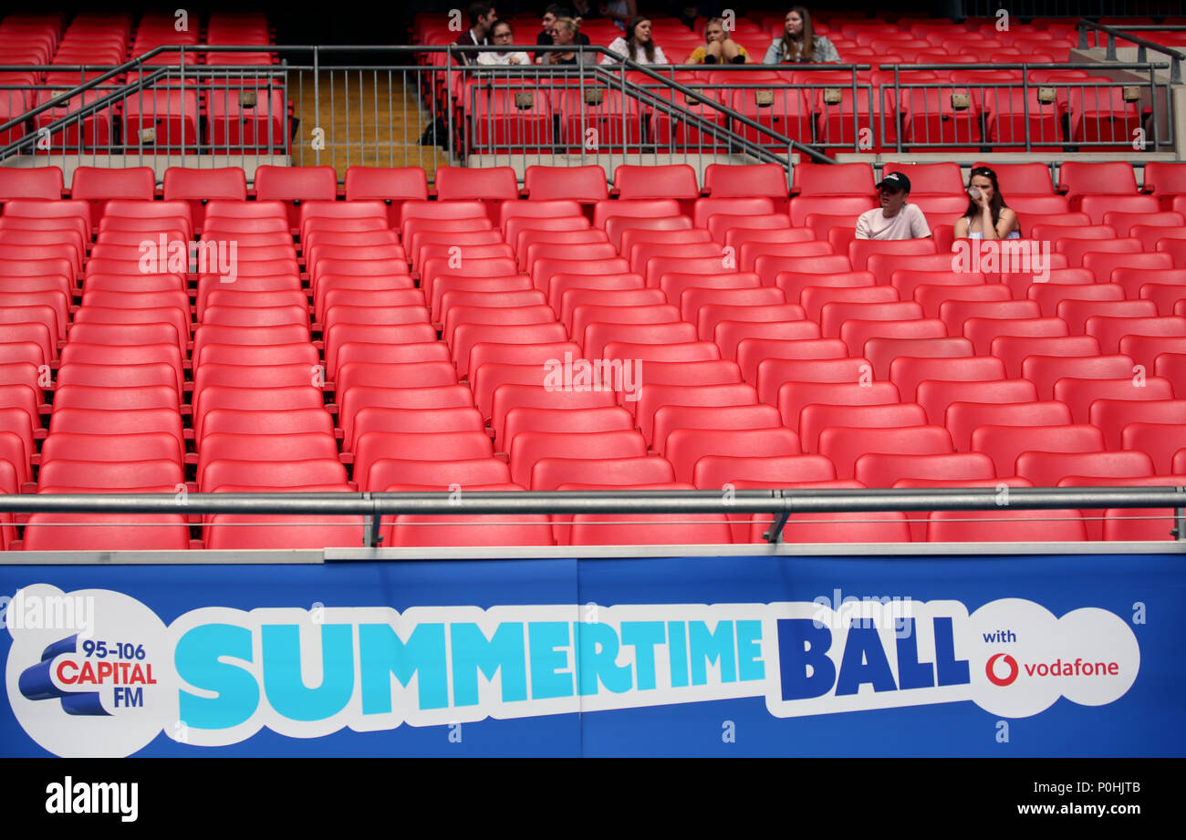 General view of the stadium as fans arrive ahead of Capital's Summertime Ball with Vodafone at Wembley Stadium, London. PRESS ASSOCIATION Photo. This summer's hottest artists performed live for 80,000 Capital listeners at Wembley Stadium at the UK's biggest summer party. Performers included Camila Cabello, Shawn Mendes, Rita Ora, Charlie Puth, Jess Glyne, Craig David, Anne-Marie, Rudimental, Sean Paul, Clean Bandit, James Arthur, Sigala, Years & Years, Jax Jones, Raye, Jonas Blue, Mabel, Stefflon Don, Yungen and G-Eazy. Picture date: Saturday June 9, 2018. Photo credit should read: Isabel Infa Stock Photo
