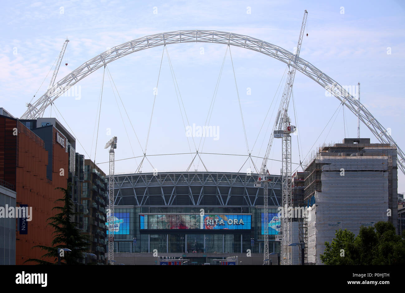 General view outside the stadium ahead of Capital's Summertime Ball with Vodafone at Wembley Stadium, London. PRESS ASSOCIATION Photo. This summer's hottest artists performed live for 80,000 Capital listeners at Wembley Stadium at the UK's biggest summer party. Performers included Camila Cabello, Shawn Mendes, Rita Ora, Charlie Puth, Jess Glyne, Craig David, Anne-Marie, Rudimental, Sean Paul, Clean Bandit, James Arthur, Sigala, Years & Years, Jax Jones, Raye, Jonas Blue, Mabel, Stefflon Don, Yungen and G-Eazy. Picture date: Saturday June 9, 2018. Photo credit should read: Isabel Infantes/PA Wi Stock Photo