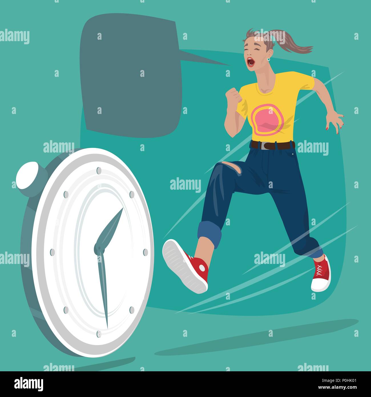 Girl chasing of time clock Stock Vector