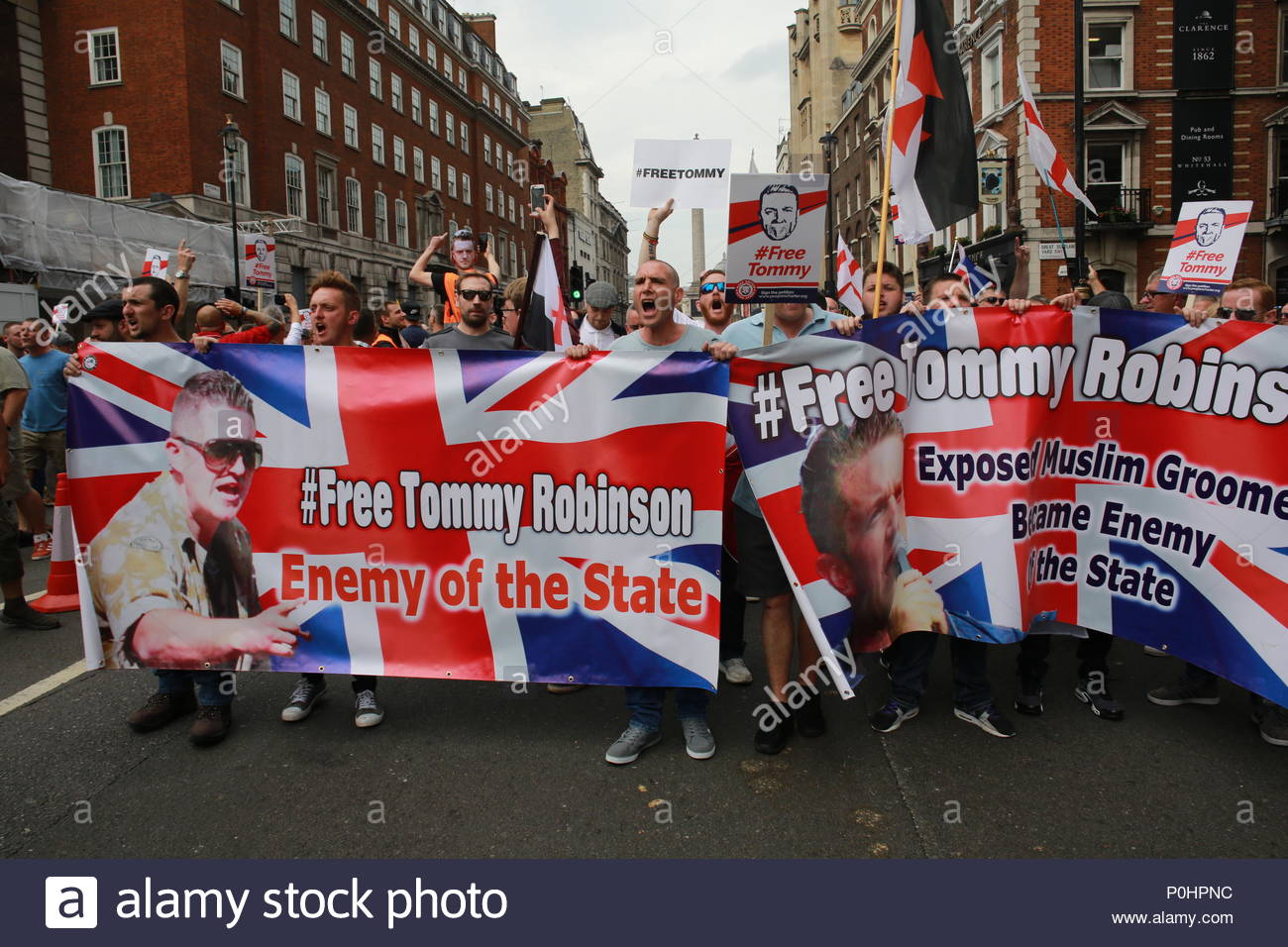 London, UK, 9 June 2018. A demonstration has been held in Central London in support of Tommy Robinson. A large crowd of his supporters marched from Trafalgar Square to Downing Street. A counter demonstration was held some distance away and a large police force was present. Credit: Clearpix/Alamy Live News Credit: Clearpix/Alamy Live News Stock Photo