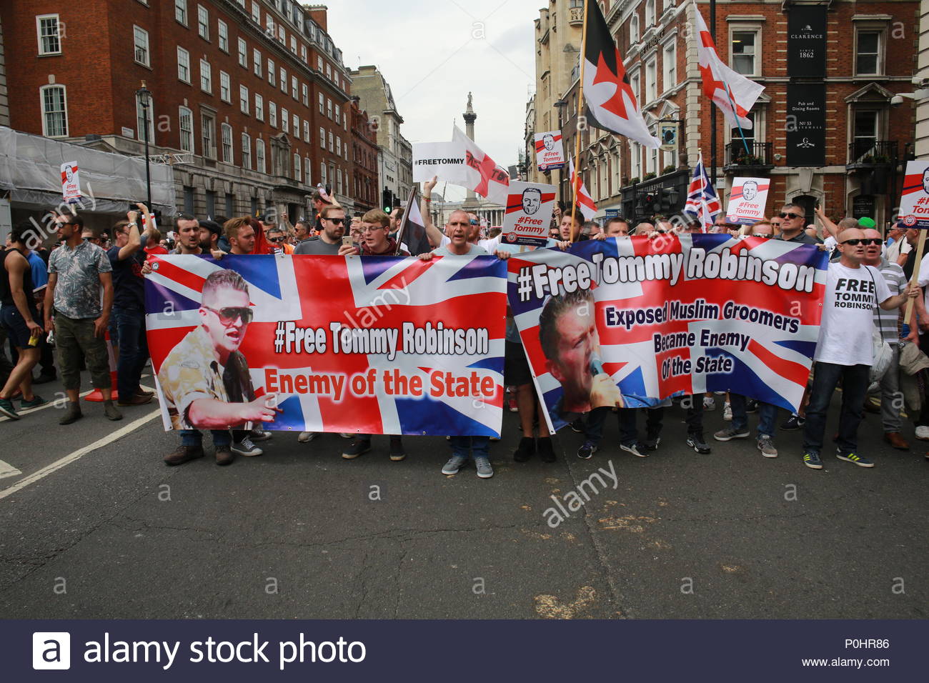 London, UK, 9 June 2018.A demonstration has been held in Central London in support of Tommy Robinson. A large crowd of his supporters marched from Trafalgar Square to Downing Street. A counter demonstration was held some distance away and a large police force was present. In this shot the group makes its way towards Downing Street. Credit: Clearpix/Alamy Live News Stock Photo