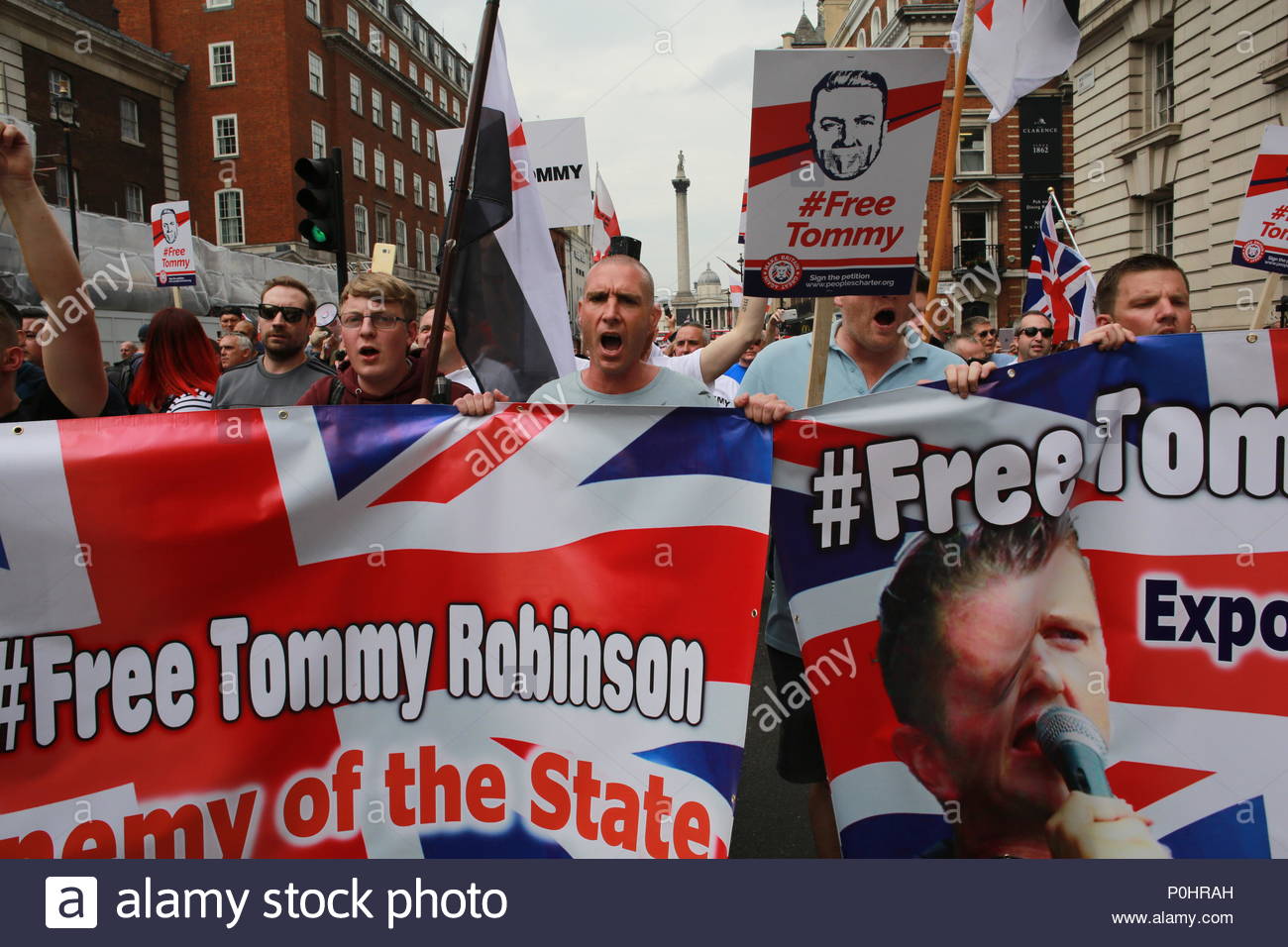 London, UK, 9 June 2018.A demonstration has been held in Central London in support of Tommy Robinson. A large crowd of his supporters marched from Trafalgar Square to Downing Street. A counter demonstration was held some distance away and a large police force was present. In this shot the group makes its way towards Downing Street. Credit: Clearpix/Alamy Live News Stock Photo