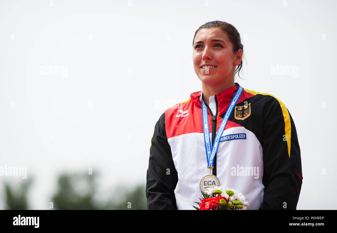 9th June 2018, Ada Ciganlija Regatta Course, Belgrade, Serbia; ECA Canoe Sprint and Paracanoe Senior European Championships; Nina Krankemann of GER celebrates on the podium at the medal ceremony for the Women's Kayak Single (K1), 1000m sprint race Stock Photo