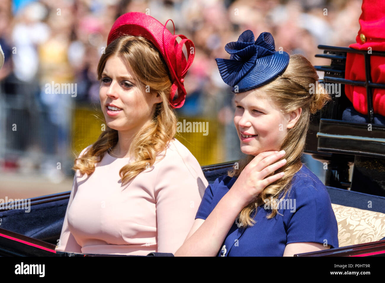 Lady Louise Windsor and Princess Beatrice at Trooping the Colour and Queens Birthday Parade on Saturday 9 June 2018 in Buckingham Palace , London. Pictured: Lady Louise Windsor , Princess Beatrice, travel from the Palace, along the Mall to Horseguards Parade where the Coldstream Guards will troop their colour. Picture by Julie Edwards. Credit: Julie Edwards/Alamy Live News Stock Photo