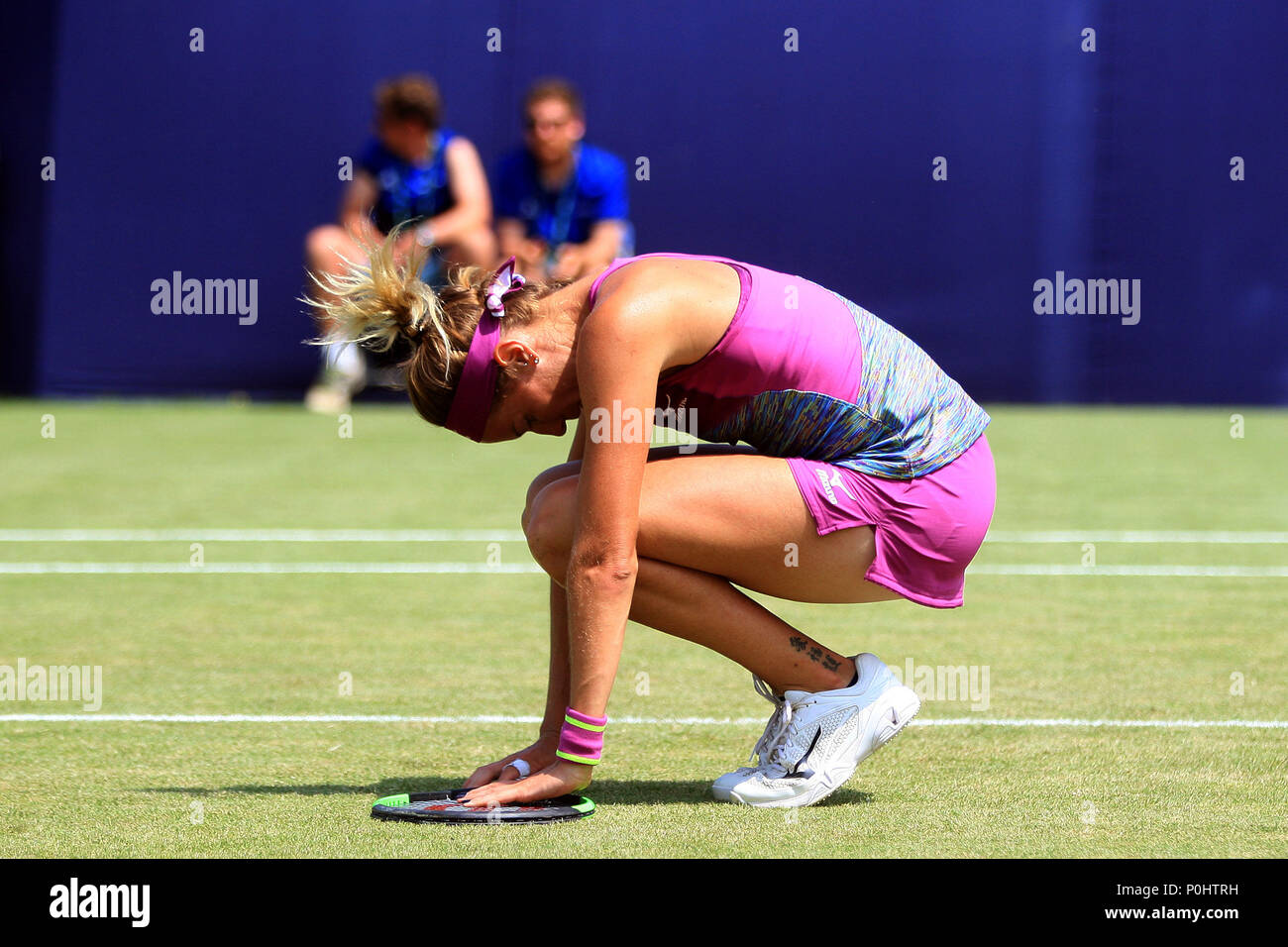 London, UK, Conny Perrin of Switzerland reacts during her semi final  against Harriet Dart of Great Britain. Fuzion 100 Surbiton trophy 2018  tennis event , day 6 at the Surbiton Racket and