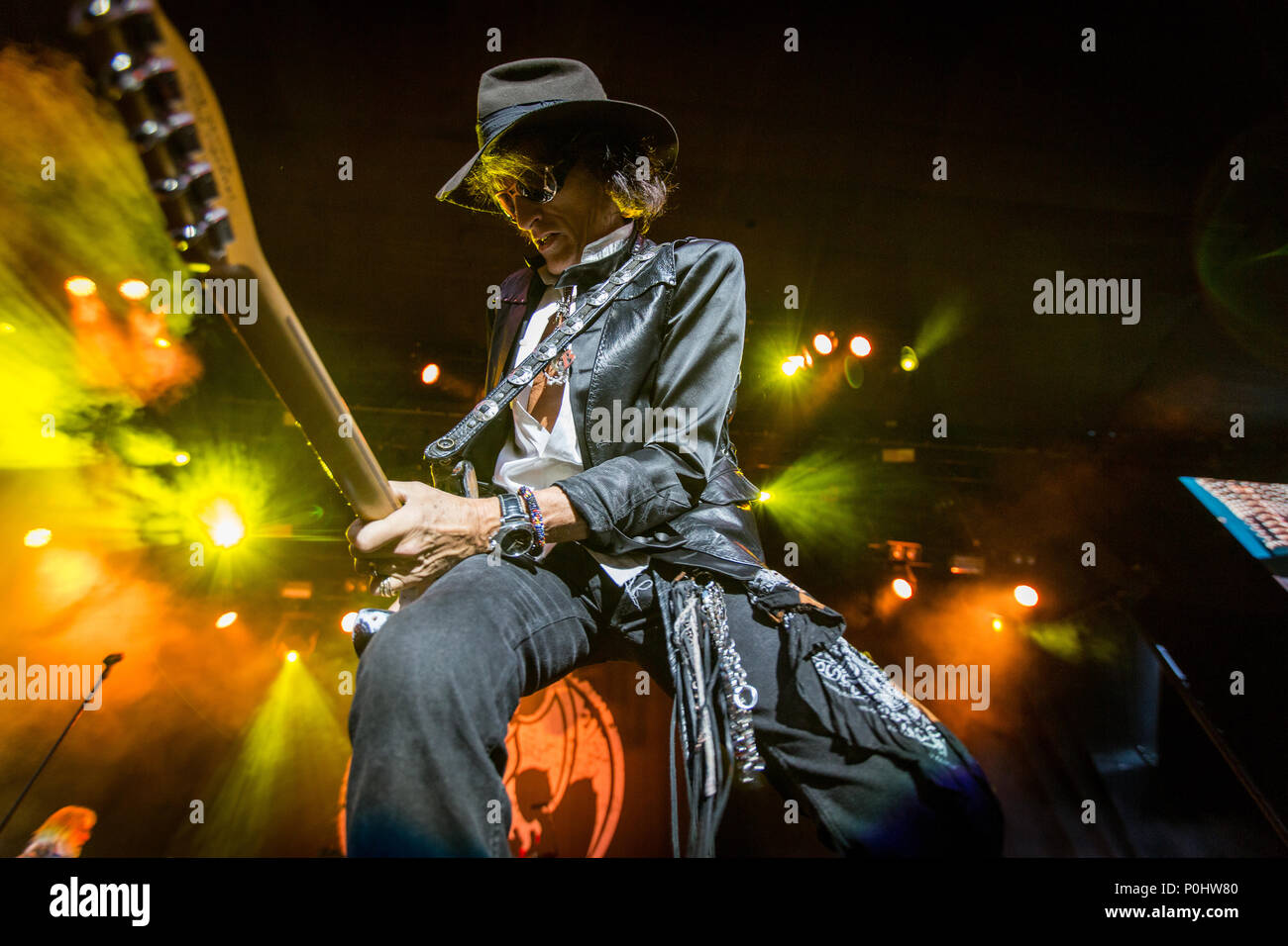 Denmark, Copenhagen - June 8, 2018. The American rock band Hollywood  Vampires performs a live concert during Fredagsrock in Tivoli Copenhagen.  Here guitarist Joe Perry is seen live on stage. (Photo credit: