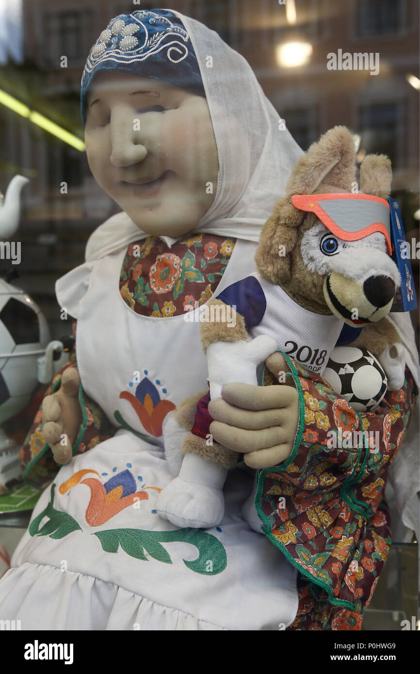 Kazan, Russia. 08th June, 2018. A stuffed toy of Zabivaka the Wolf, the  official mascot of the 2018 FIFA World Cup in Russia, for sale at a  souvenir store in Kazan, a