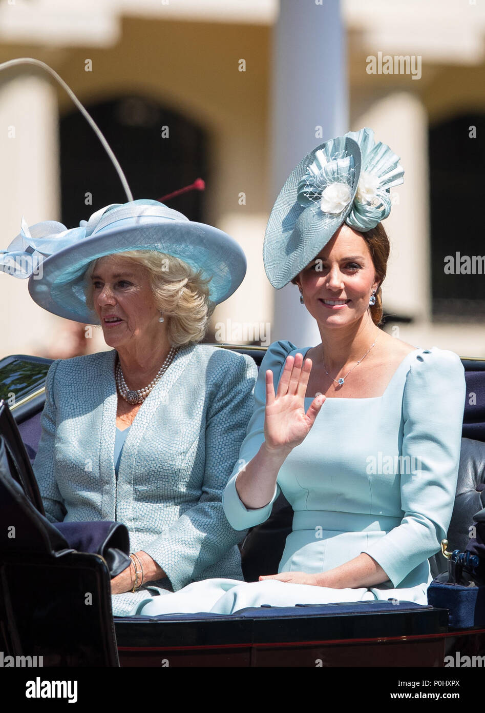 London, UK, 9 June 2018. Catherine, Duchess of Cambridge (Kate Middleton) as she sits beside Camilla, Duchess of Cornwall during Trooping the Colour - Queen Elizabeth II Birthday Parade 2018 at The Mall, Buckingham Palace, England on 9 June 2018. Photo by Andy Rowland. Credit: Andrew Rowland/Alamy Live News Credit: Andrew Rowland/Alamy Live News Stock Photo