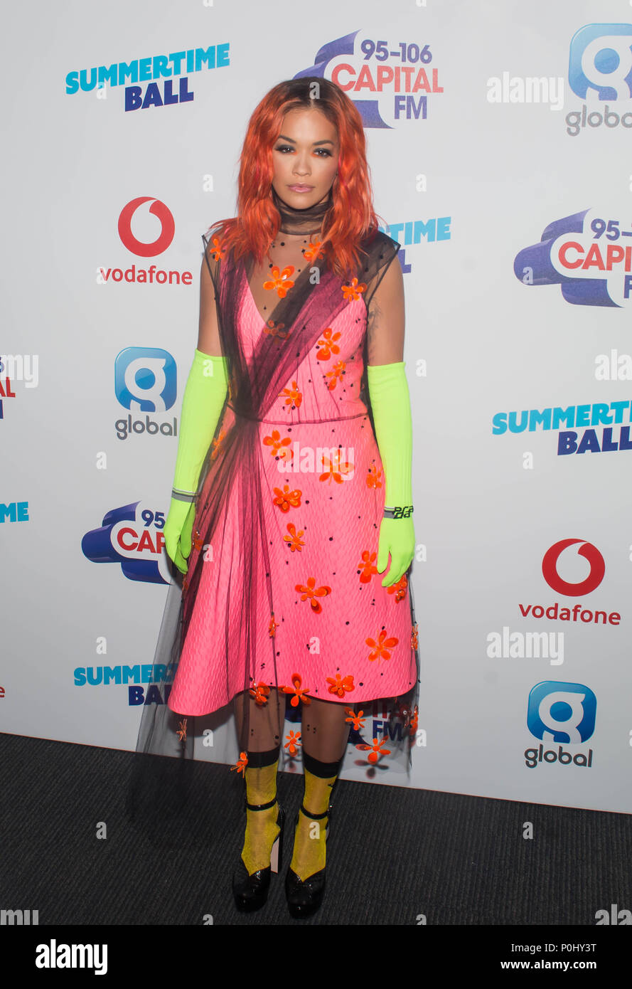 Wembley, United Kingdom. 9th June 2018. Rita Ora  at Capital’s Summertime Ball with Vodafone at London’s Wembley Stadium. The sell-out event saw performances from this summer’s hottest artists Camila Cabello, Shawn Mendes, Rita Ora, Charlie Puth, Jess Glynne, Craig David, Anne-Marie, Rudimental, Sean Paul, Clean Bandit, James Arthur, Sigala, Years & Years, Jax Jones, Raye, Jonas Blue, Mabel, Stefflon Don, Yungen and G-Eazy. Michael Tubi/ Alamy Live News Stock Photo