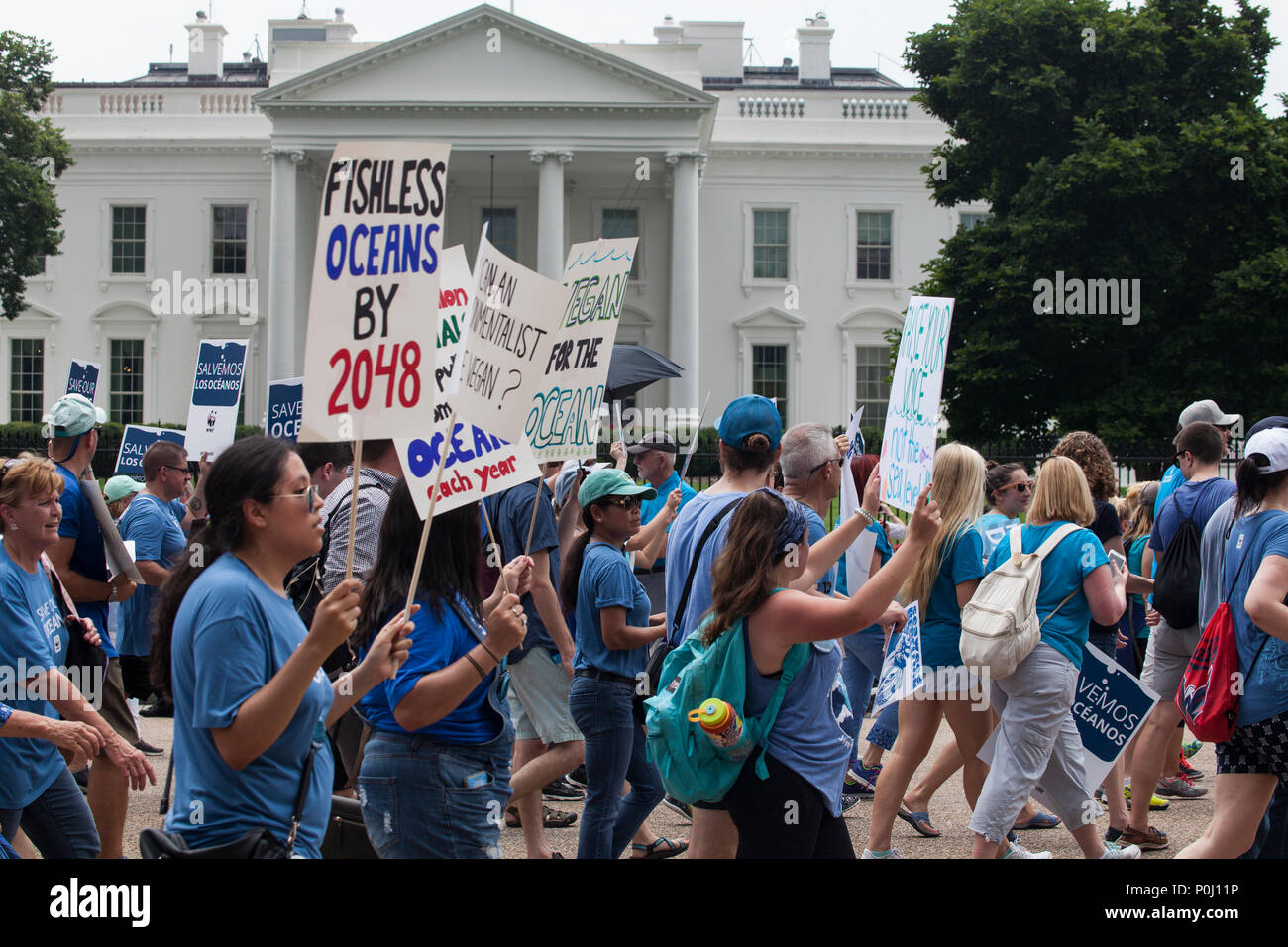 Washington DC, USA. 9th June 2018. Protestors carry signs past the White House on Pennsylvania Avenue on the March For The Ocean in Washington, D.C., June 9, 2018. The inaugural March for the Ocean called attention to ocean issues including plastic pollution and overfishing at events in the U.S. Capital and around the United States. Credit: Robert Meyers/Alamy Live News Stock Photo