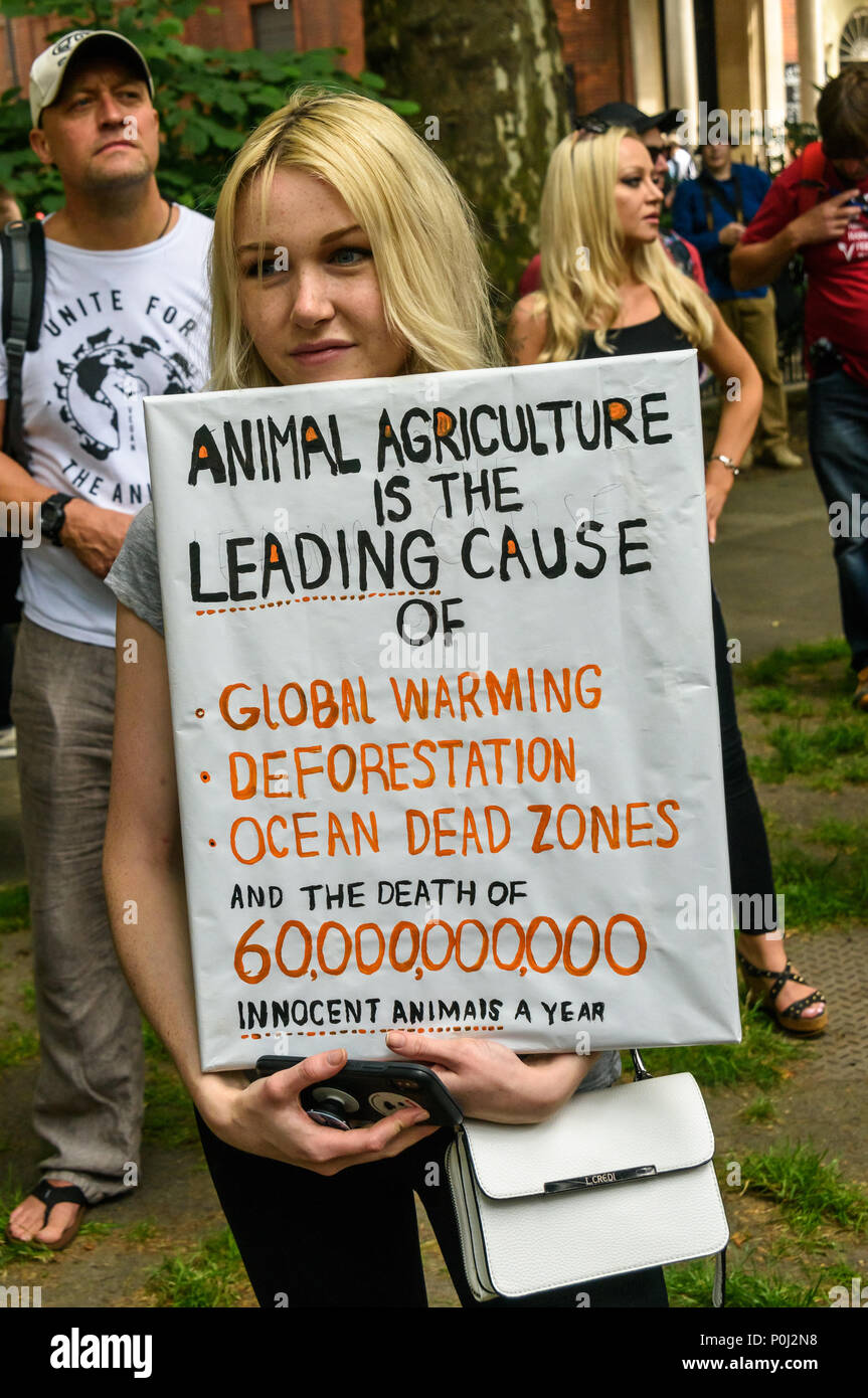 London, UK. 9th June 2018. A vegan holds a poster explaing the aniaml Agriculture is the leading