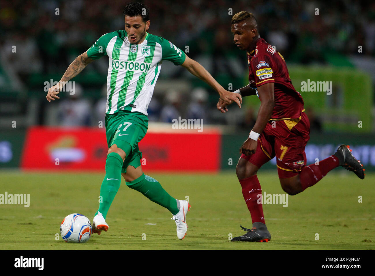 Deportes Tolima S Carlos Renteria R Fights For The Ball With Atletico Nacional S Gonzalo Castellan L During The Final Match Of Colombian Professional League Between Atletico Nacional And Deportes Tolima At Atanasio Girardot