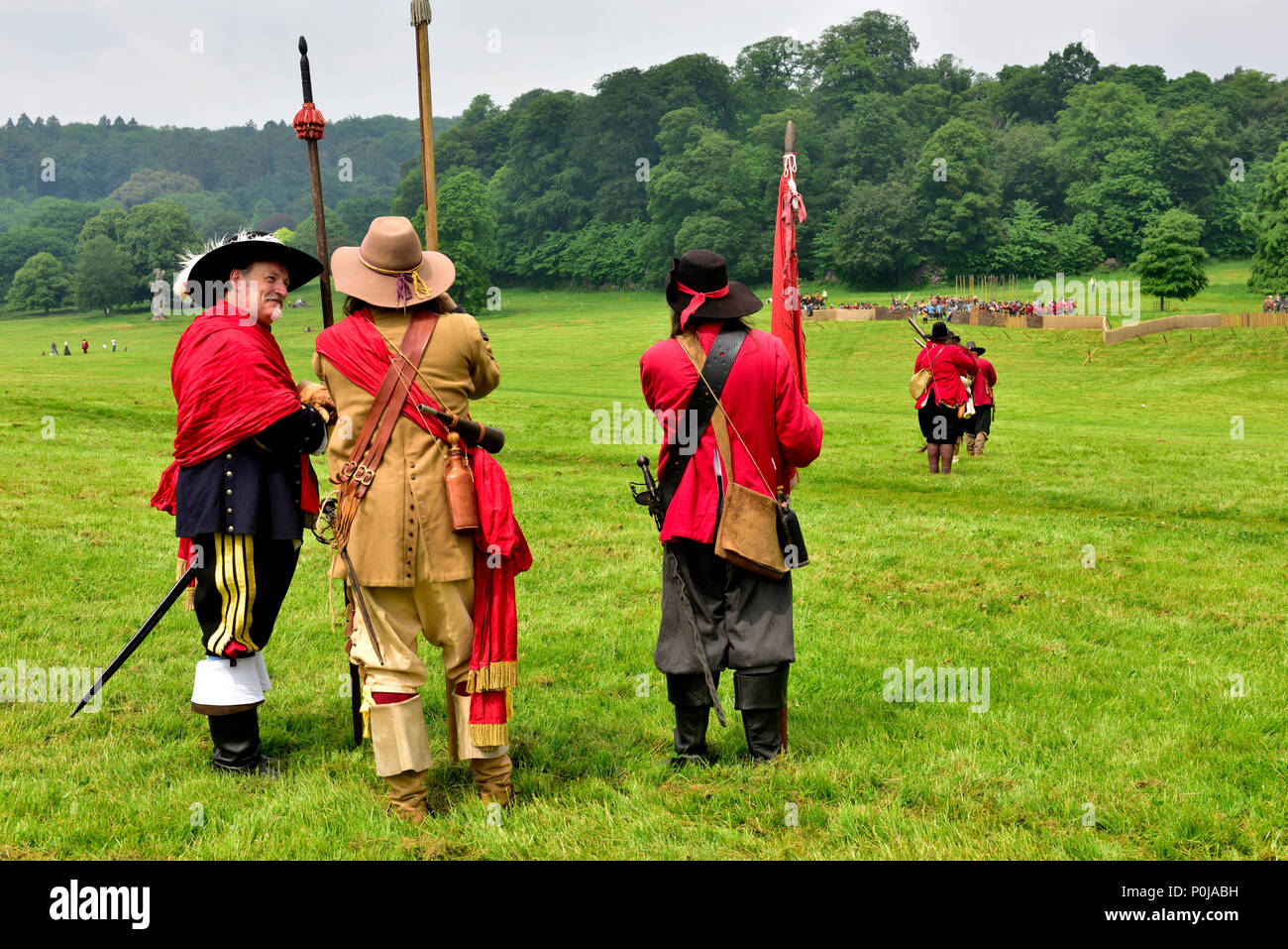 17th century military re-enactors in costume standing overlooking what will be field for Battle of Bristol in English Civil war of 1641 to 1652 Stock Photo