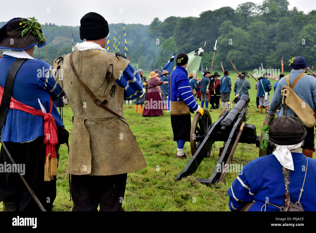 17th century military re-enactors in costume standing overlooking Battle of Bristol in English Civil war of 1641 to 1652 reenacted in Bristol, Ashton  Stock Photo