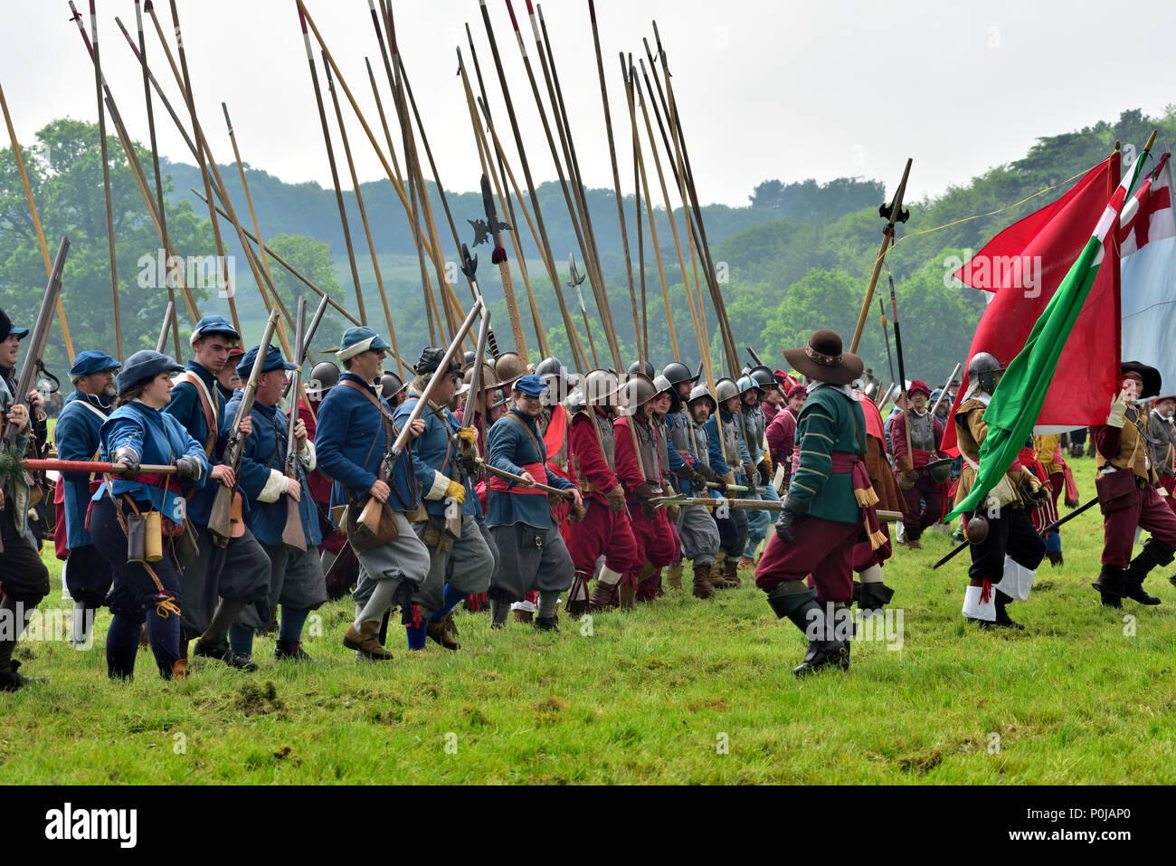 Musketeers and pikemen in 17th century military re-enactment of English Civil war battle, UK Stock Photo