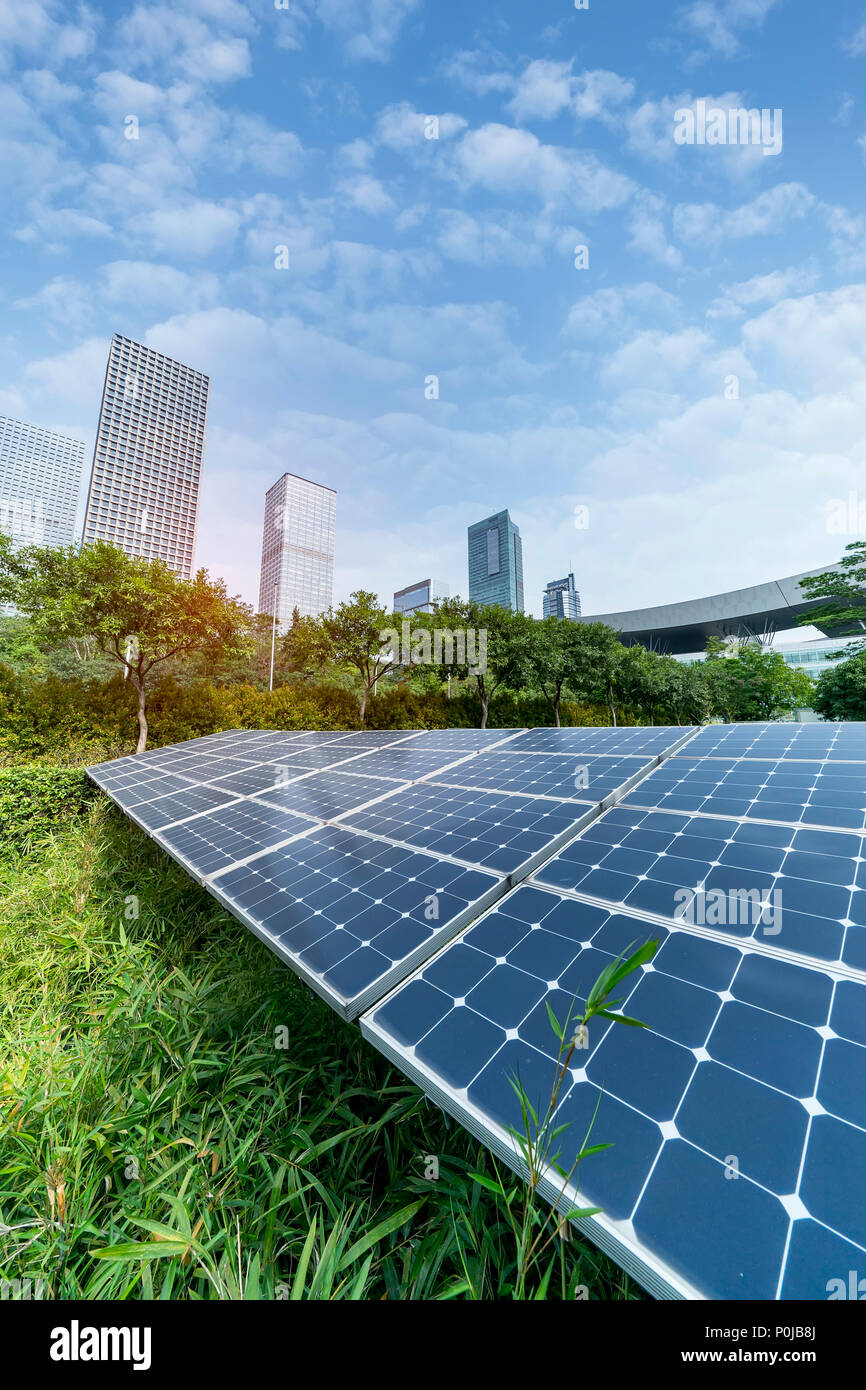 solar panel plant with urban landscape landmarks,Ecological energy ...