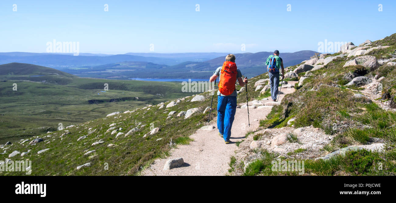 Two hillwalkers / mountaineers with walking poles and backpacks descending mountain path in spring in the Cairngorms National Park, Highland, Scotland Stock Photo