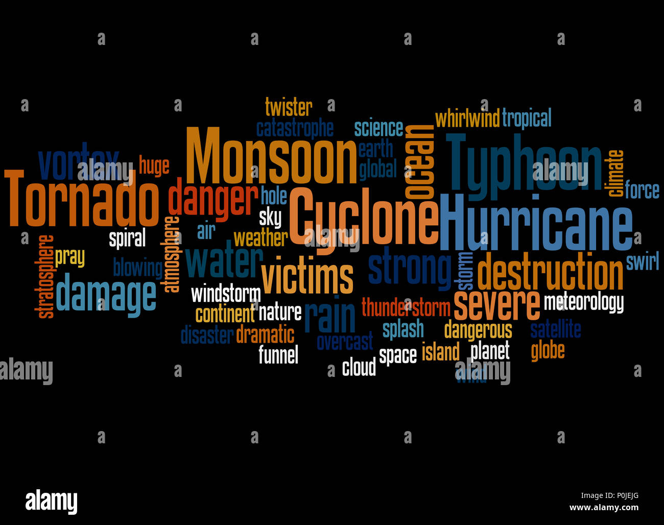 Monsoon, Tornado, Typhoon, Hurricane, Cyclone, word cloud concept on black background. Stock Photo