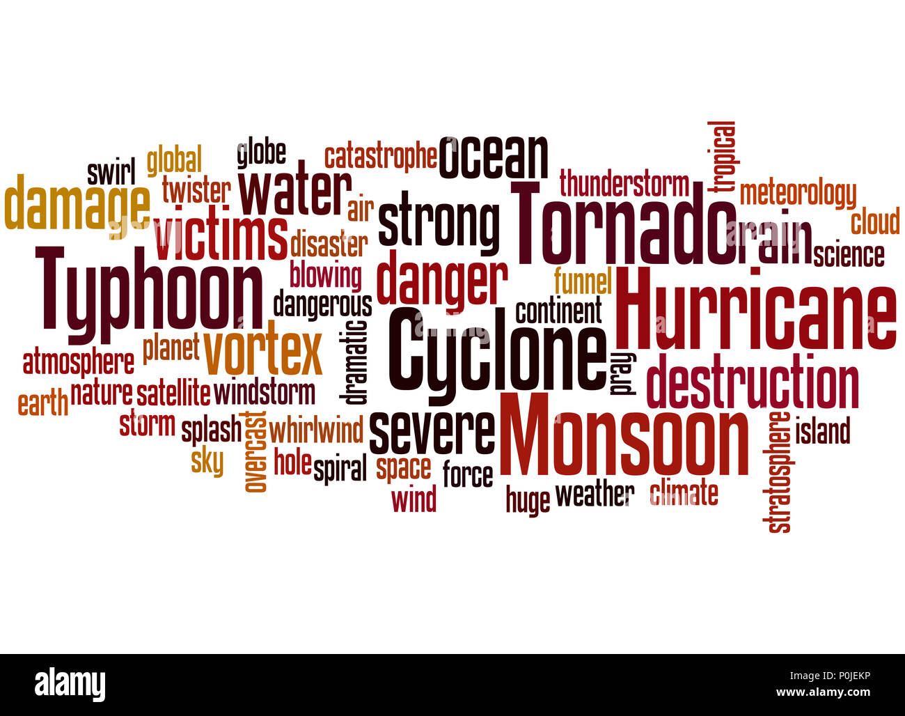 Monsoon, Tornado, Typhoon, Hurricane, Cyclone, word cloud concept on white background. Stock Photo
