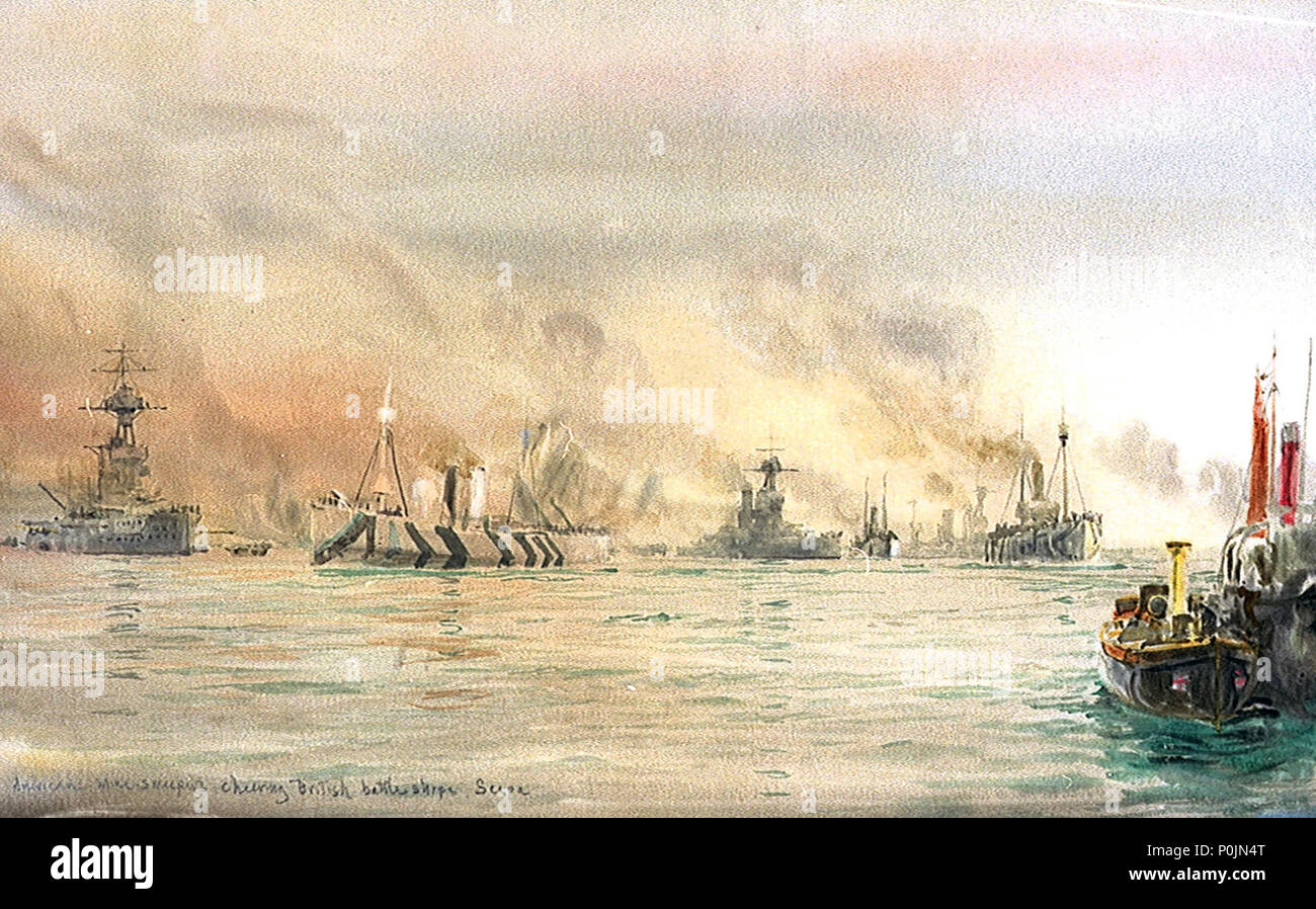 'American Minesweepers cheering British battleships. (at) Scapa', 1918 RMG PW0911 Stock Photo
