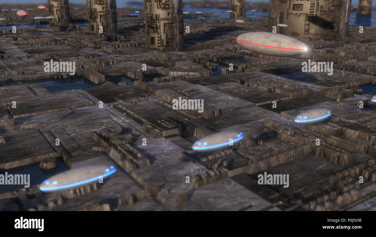 3d Render. Futuristic city and spaceships Stock Photo
