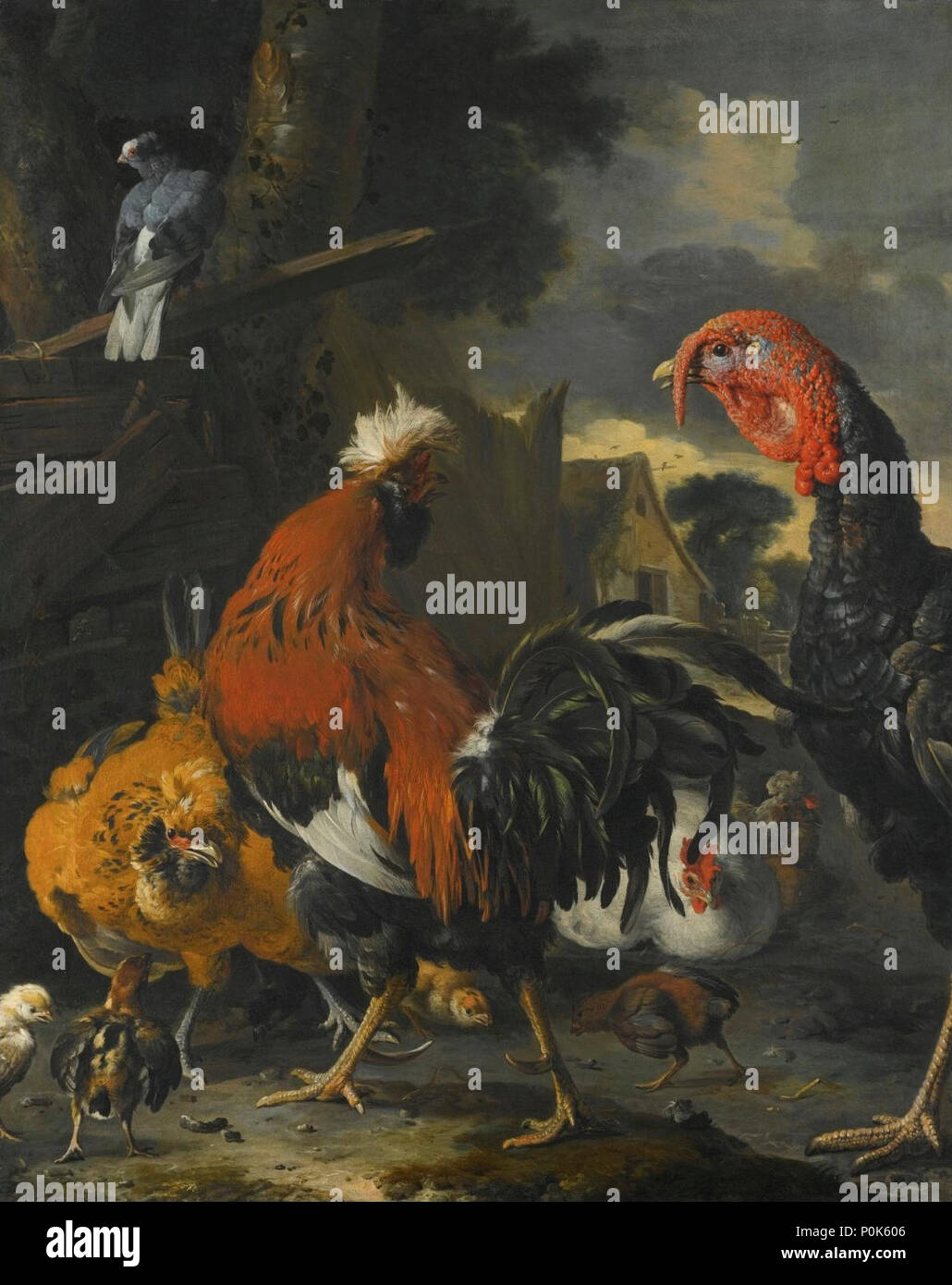 'A Cockerel, a Turkey, Hens and Chickens in a Farmyard' by Melchior d'Hondecoeter Stock Photo