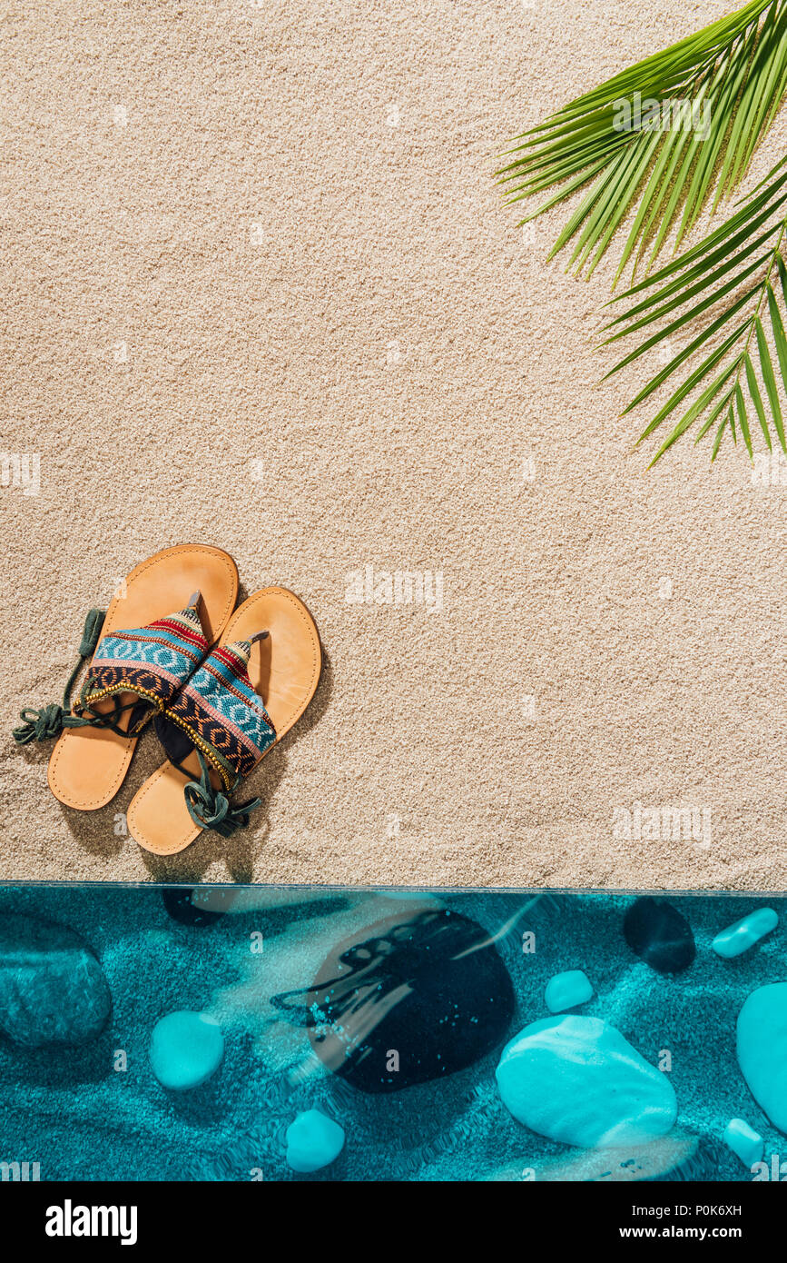 top view of stylish flip flops on sandy beach Stock Photo - Alamy