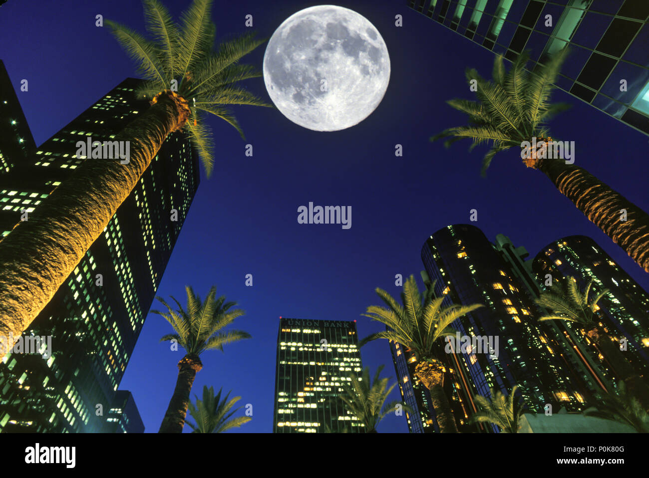 1993 HISTORICAL FULL MOON PALM TREES SKYSCRAPERS FIGUEROA STREET