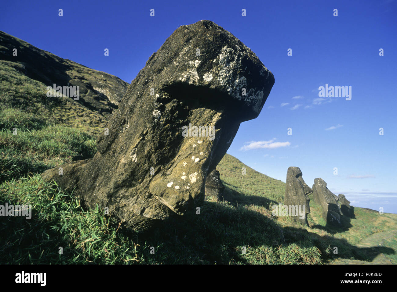 1993 HISTORICAL STONE MOAI HEAD STATUES RANO RARAKU EASTER ISLAND RAPA NUI CHILE Stock Photo