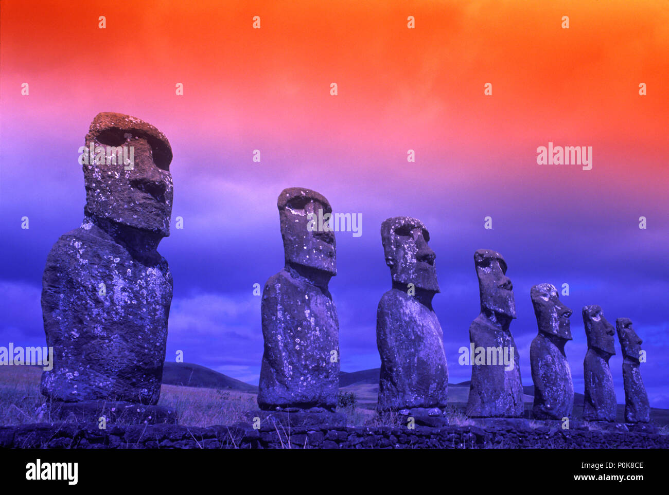 1993 HISTORICAL LINE OF STONE MOAI HEAD STATUES AHU AKIVI EASTER ISLAND