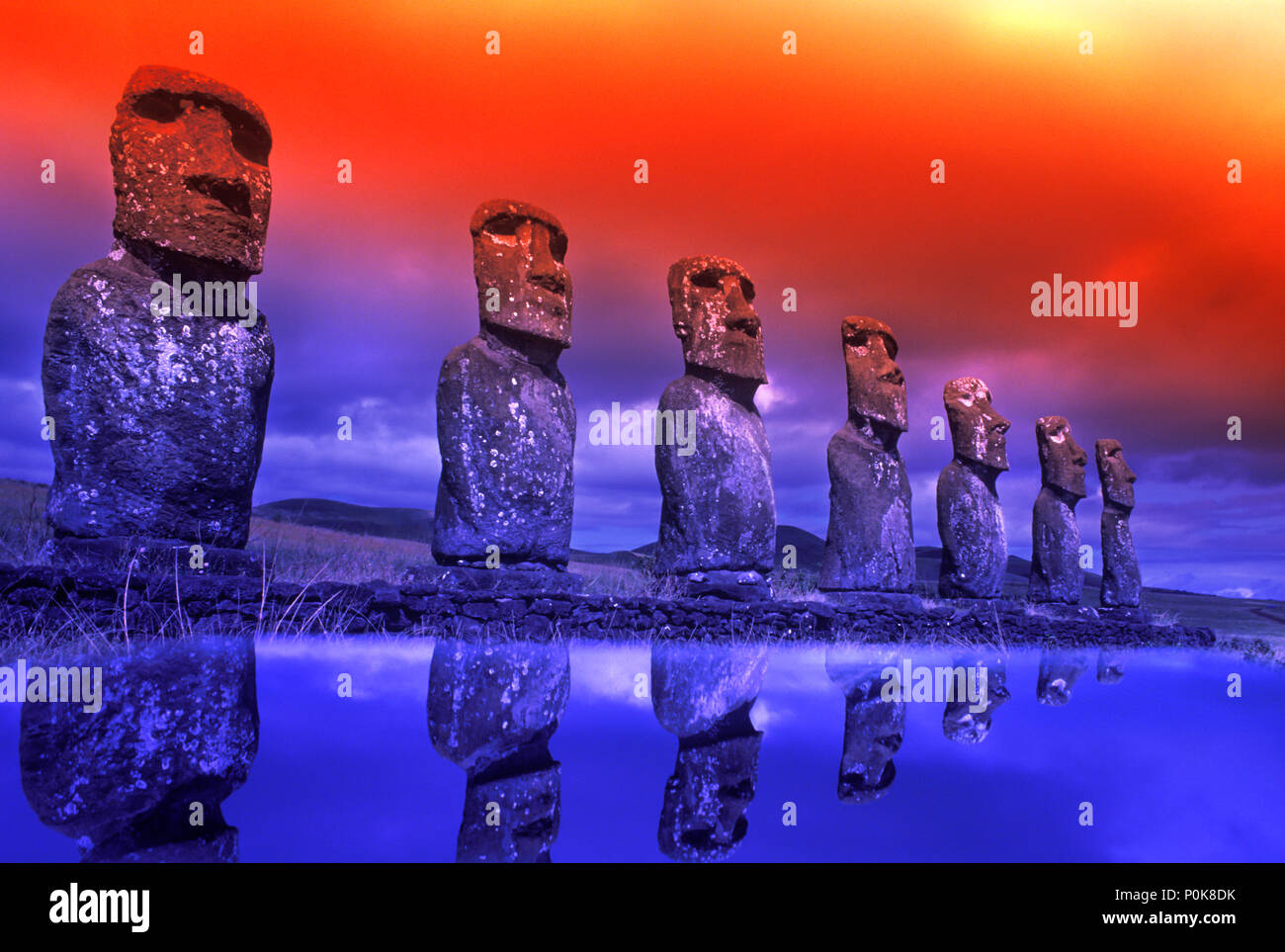 1993 HISTORICAL LINE OF STONE MOAI HEAD STATUES AHU AKIVI EASTER ISLAND