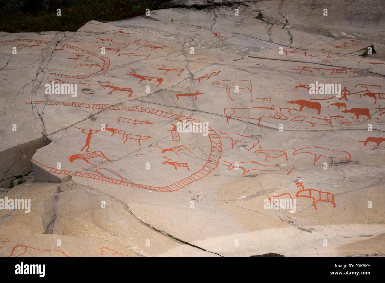 More than 7000 years ago stoneage fishermen and Reindeer herders made rock carvings around World heritage site Alta in Fimnmark province in Norway- Stock Photo