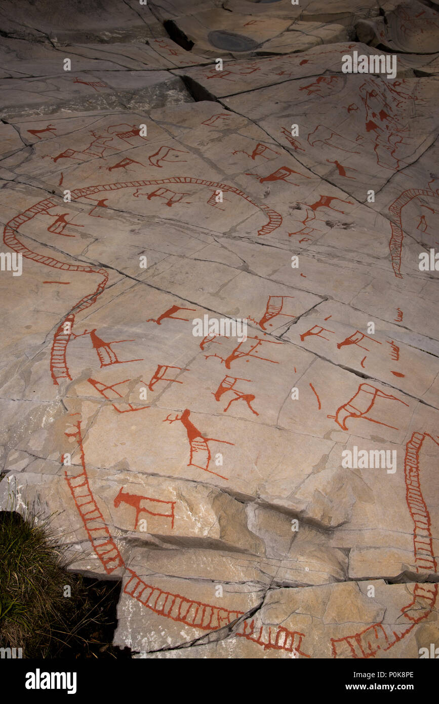 More than 7000 years ago  stoneage fishermen and Reindeer herders made rock carvings around World heritage site Alta in Fimnmark province in Norway- Stock Photo