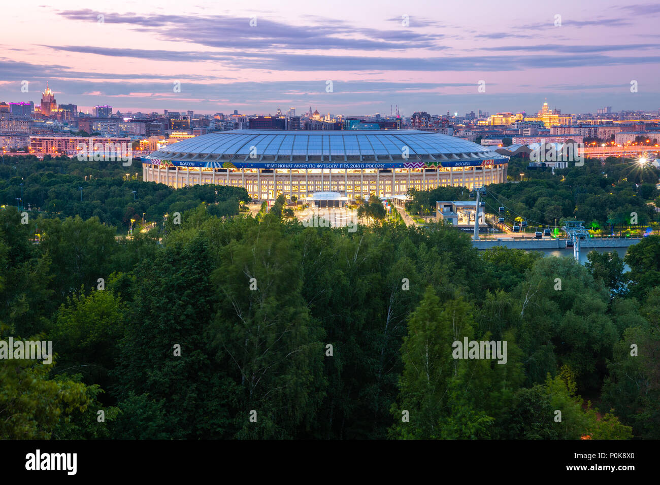 Moscow, Russia - June 06, 2018: The dusk view of Luzhniki Stadium from Sparrow Hills observation deck, the main stadium of 2018 FIFA World Cup, June 0 Stock Photo