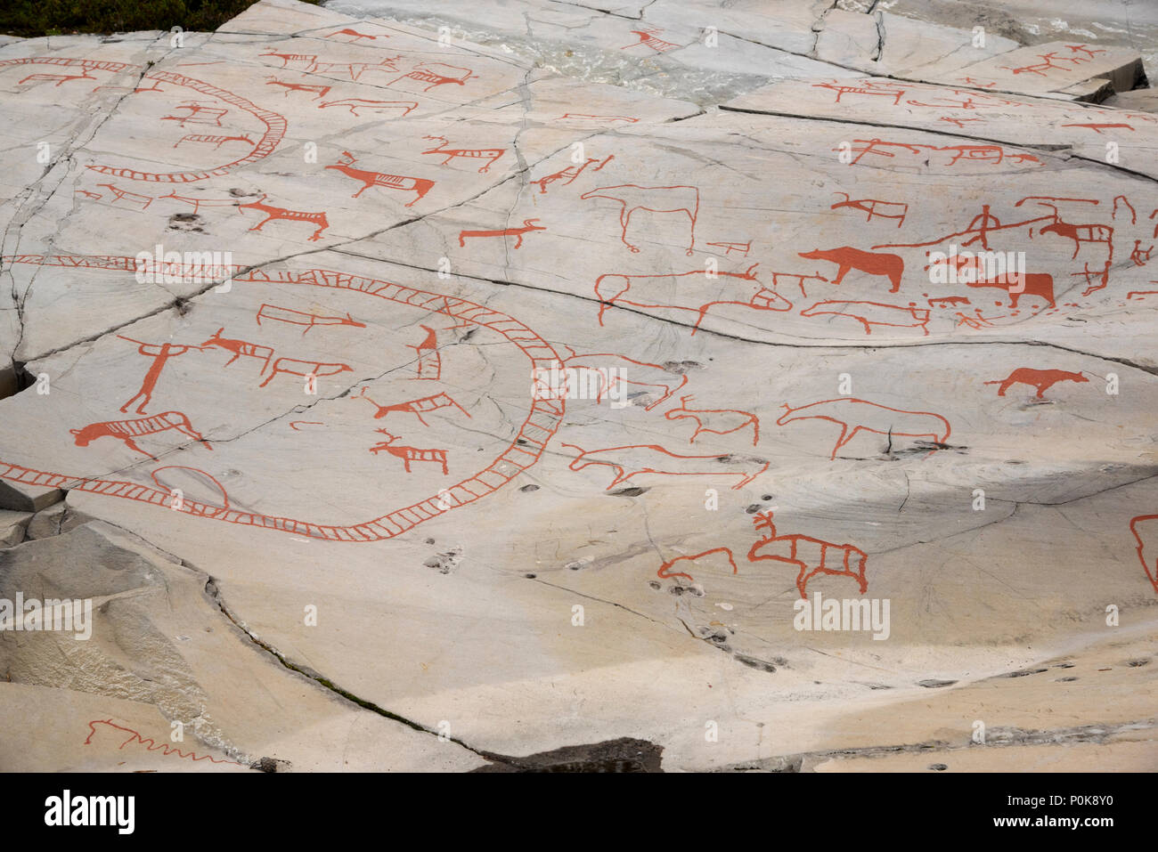More than 7000 years ago stoneage fishermen and Reindeer herders made rock carvings around World heritage site Alta in Fimnmark province in Norway- Stock Photo