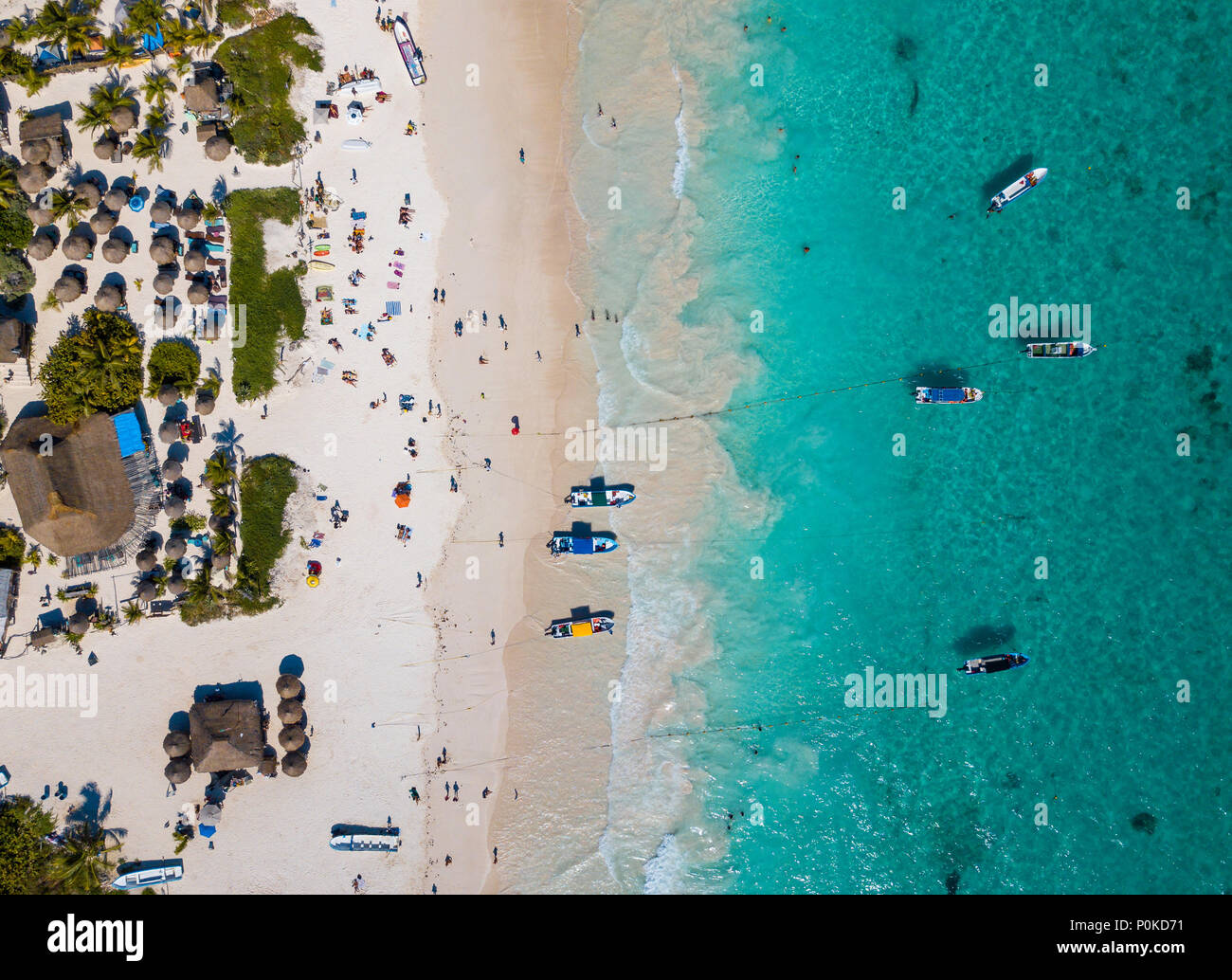 Drone photo of a turquoise beach in Tulum Mexico Stock Photo