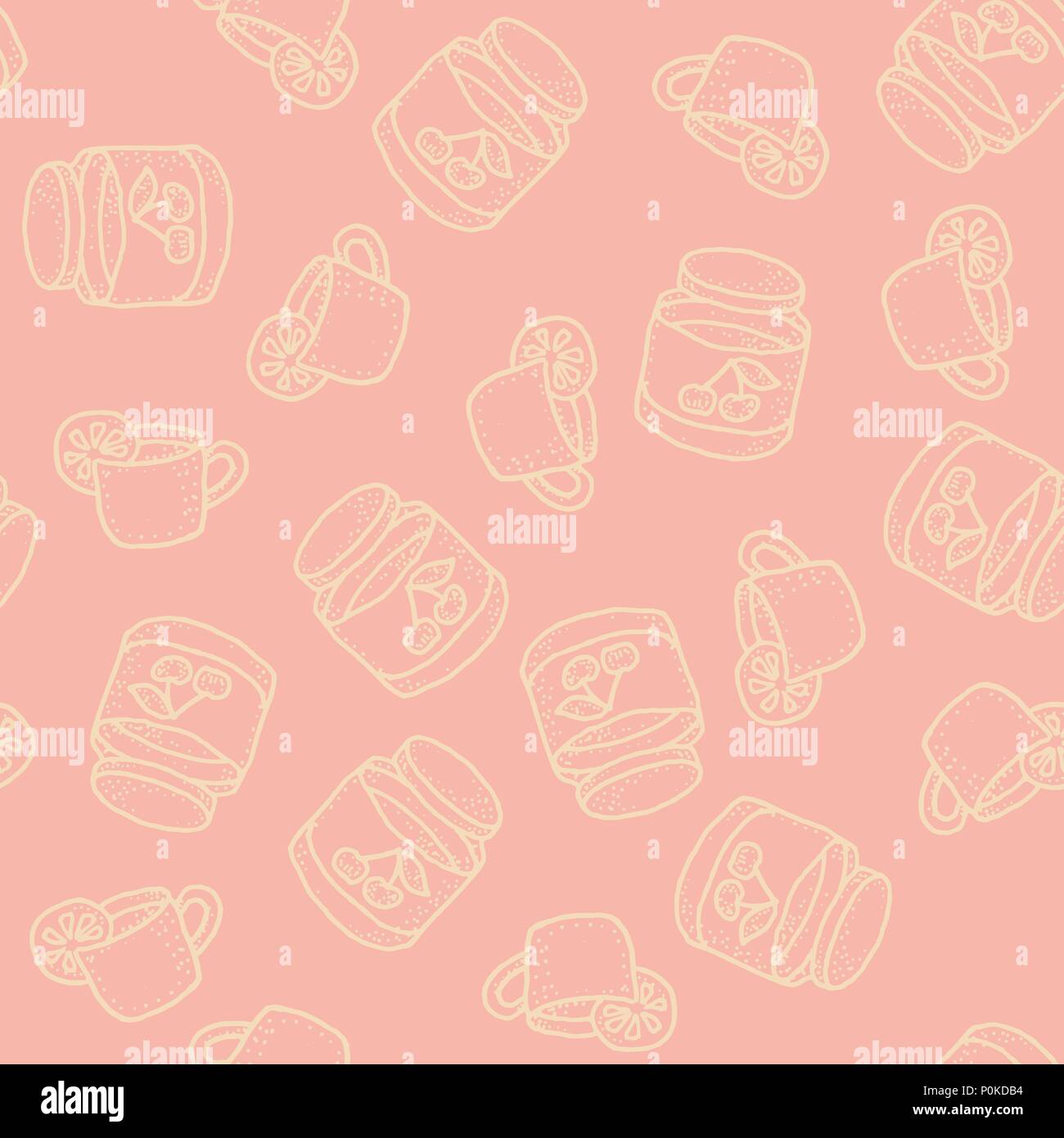 Seamless vector pattern with tea with lemon and cherry jam on pink Stock Vector