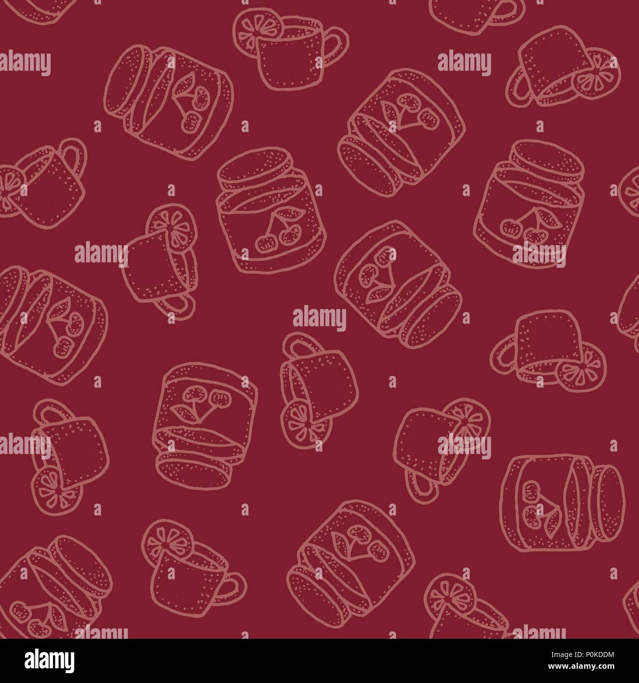 Seamless vector pattern with tea with lemon and cherry jam on bordo Stock Vector