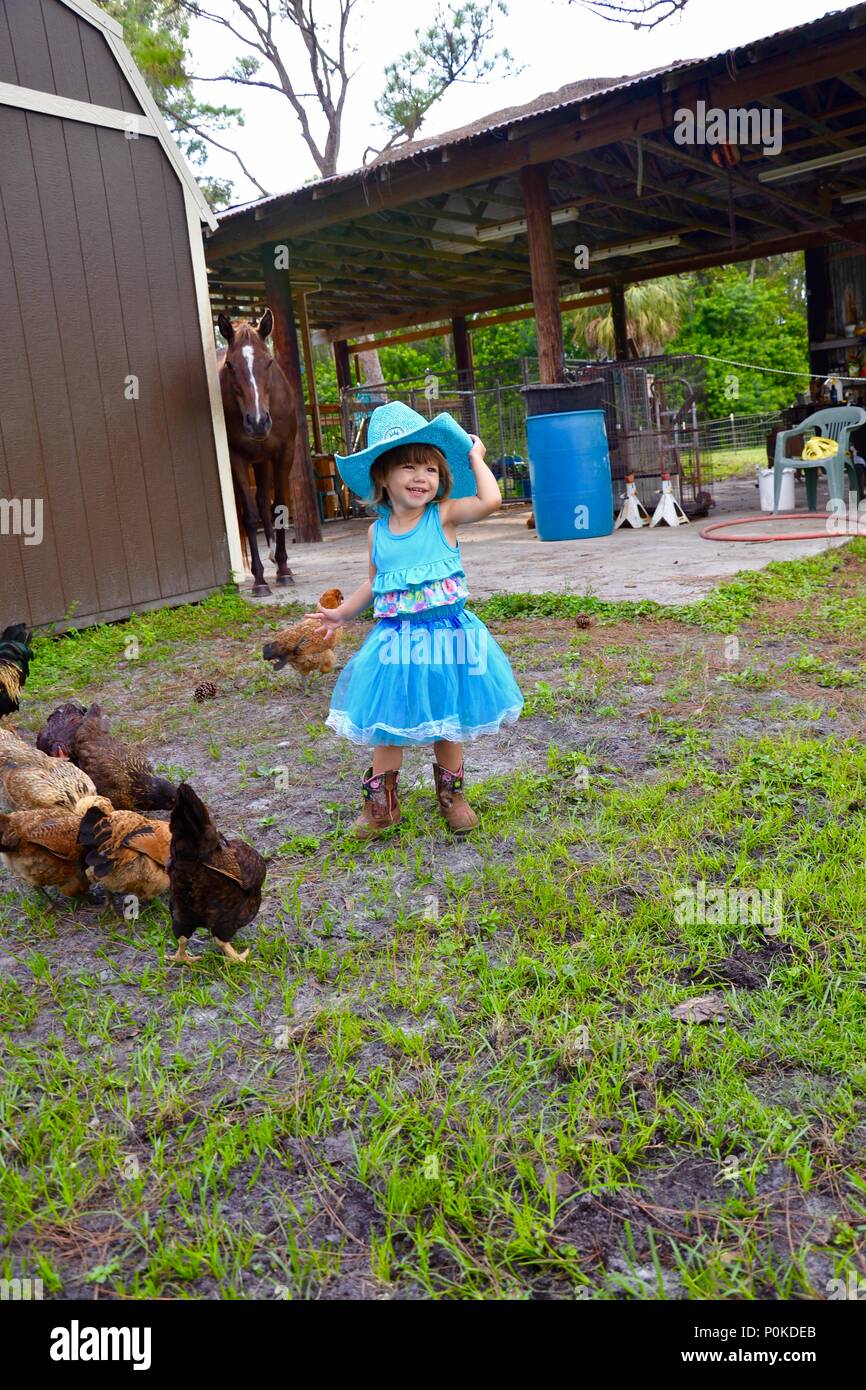 Little girl in blue dress in a farm setting Stock Photo - Alamy