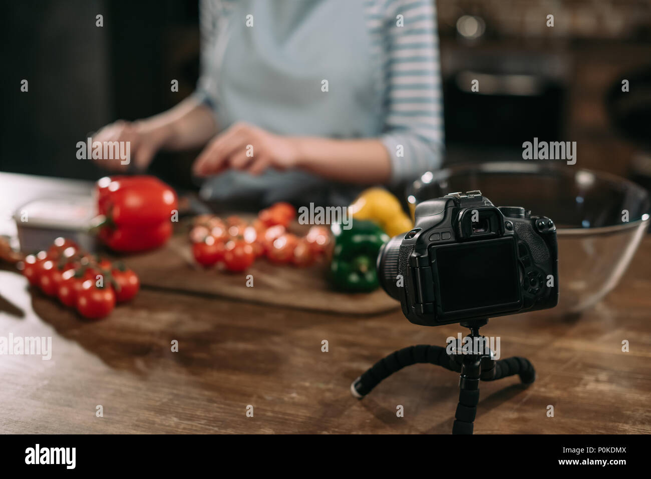 cropped image of food blogger preparing food on wooden table Stock Photo