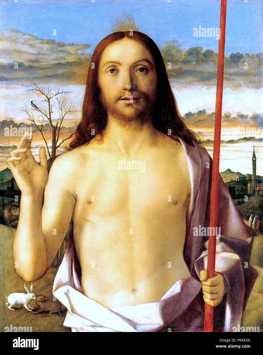 'Christ Blessing', tempera, oil, and gold on panel by Giovanni Bellini, c. 1500, Kimbell Art Museum Stock Photo