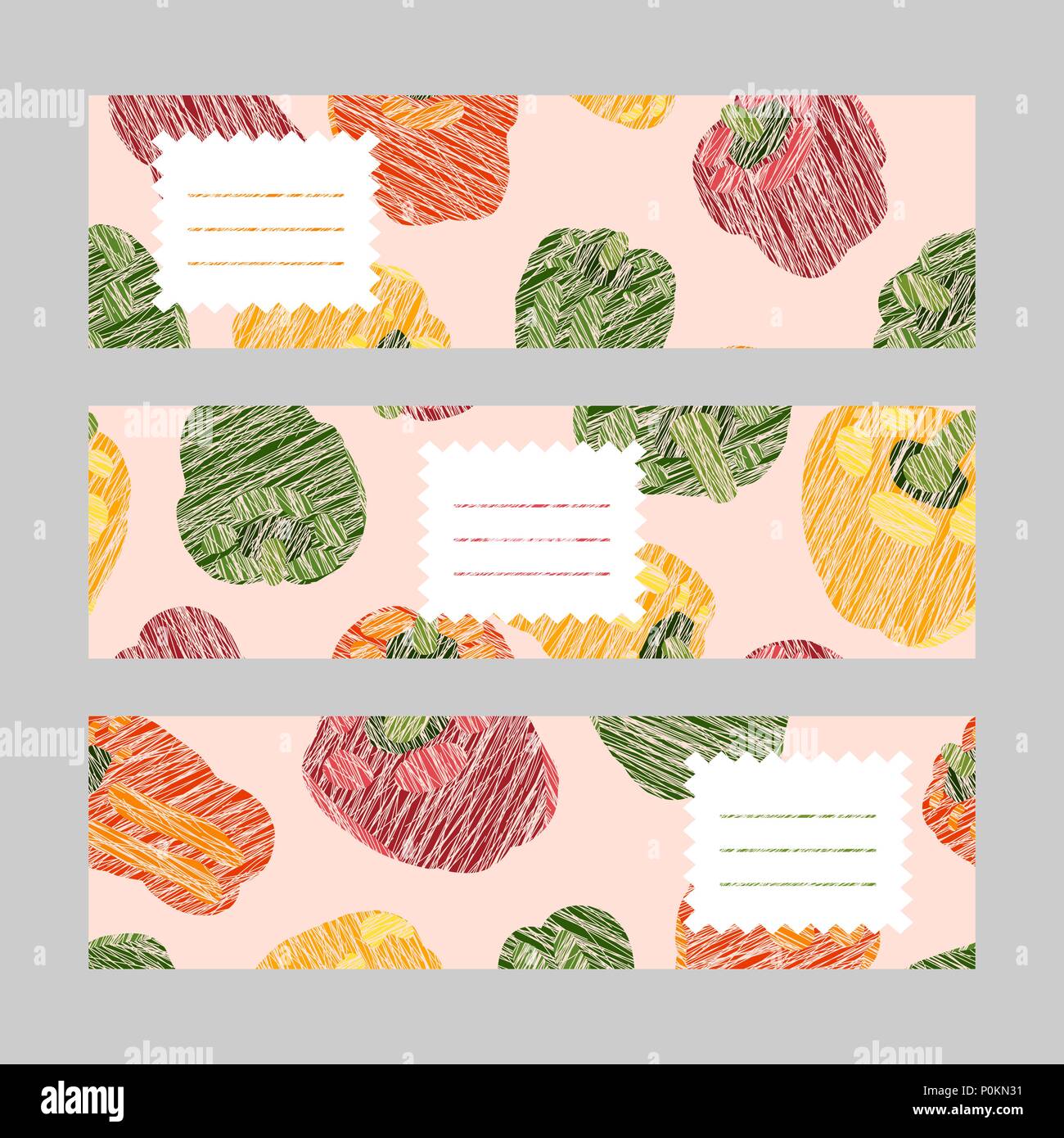 Banner set. Colorful sweet peppers. Horizontal series. Scratched vegetables. Text frame. Copy space. Hand drawn vegetable pattern. Vegetarian flyer co Stock Vector