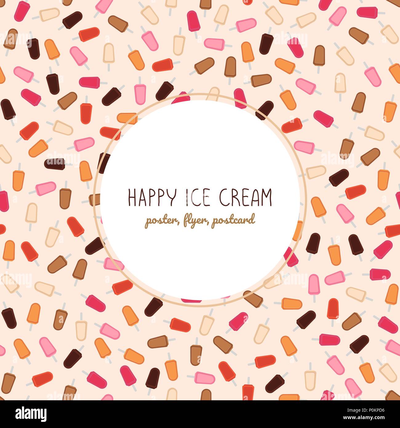 Ice Cream text frame. Delicious summer dessert. Strawberry, fruit, vanilla, and chocolate sweets. Can be used as seamless pattern. Natural healthy foo Stock Vector